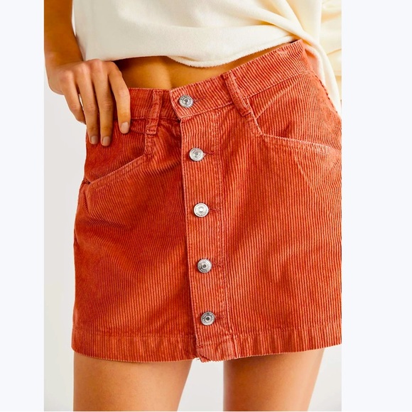 Free People Ray Orange Corduroy Mini Skirt Women’s 4, 100% Cotton, Button Front - Picture 1 of 14